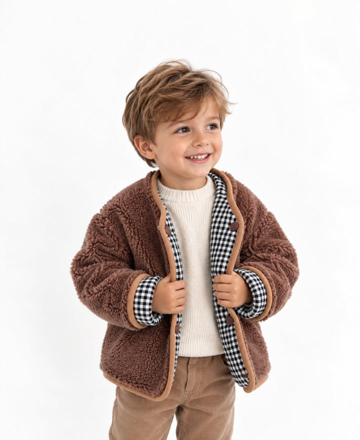 Veste réversible enfant effet laine à carreaux avec poches