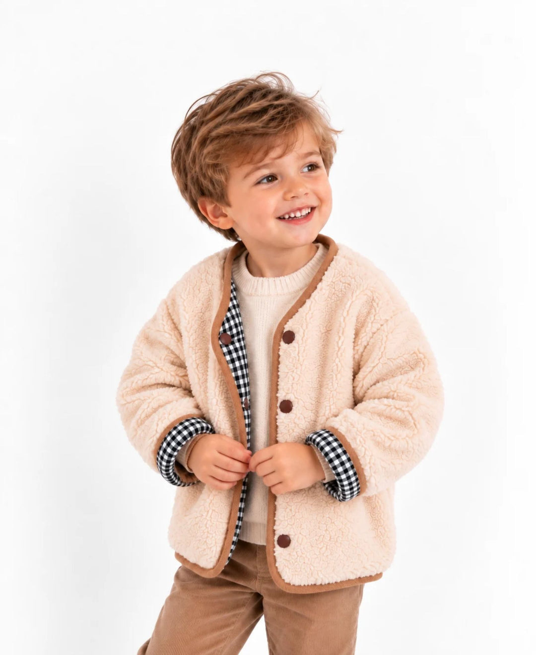 Veste réversible enfant effet laine à carreaux avec poches