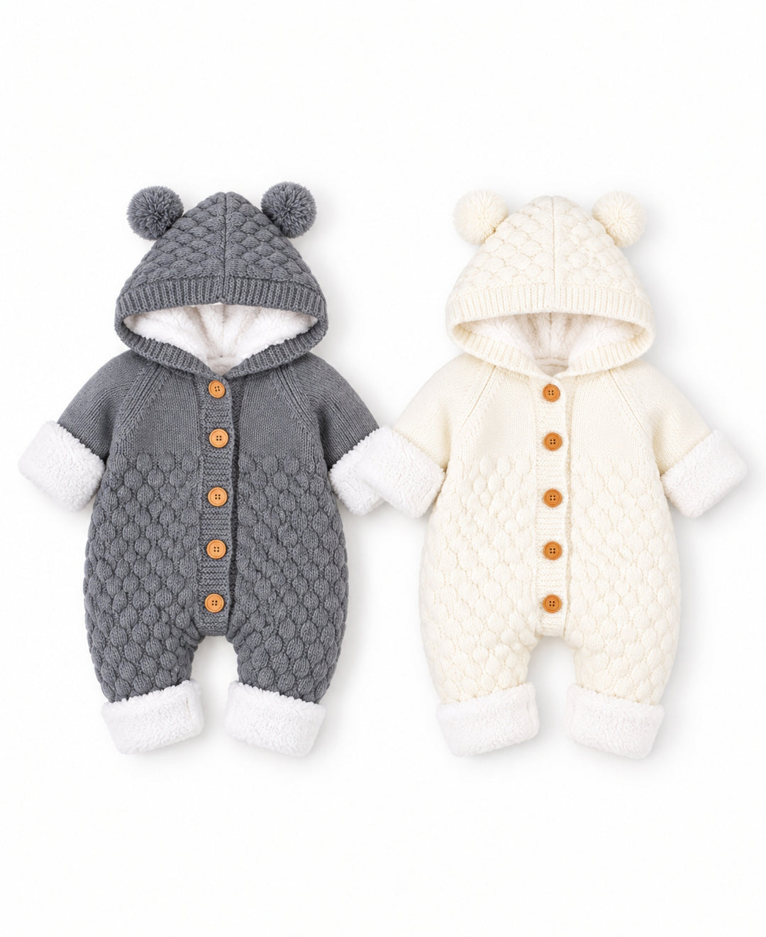 Combinaison bébé tricot à capuche oreilles et boutons