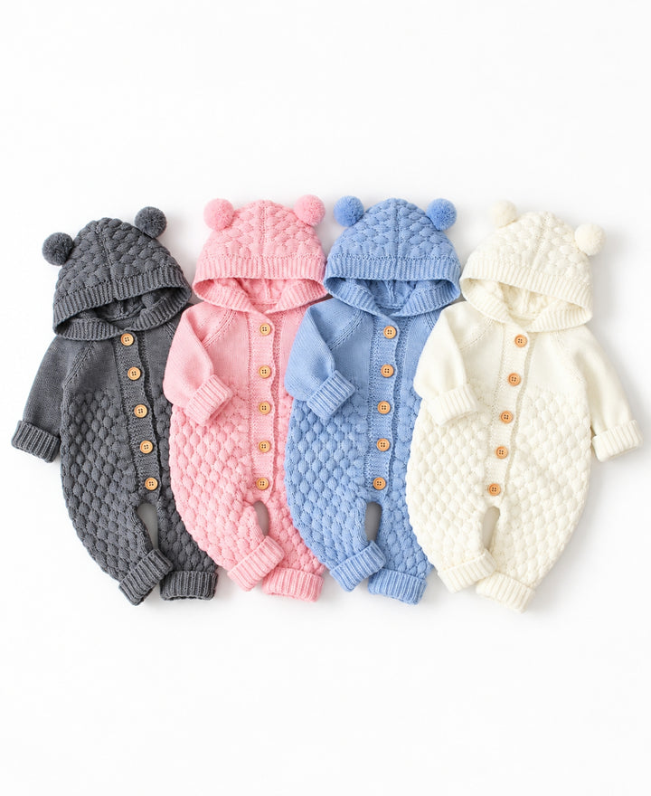 Combinaison bébé tricotée ours à capuche boutonnée