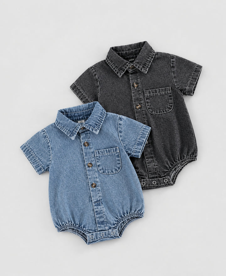 Barboteuse bébé denim manches courtes col chemise boutons poche poitrine