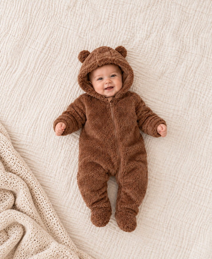 Combinaison bébé polaire à capuche oreilles ourson zippée