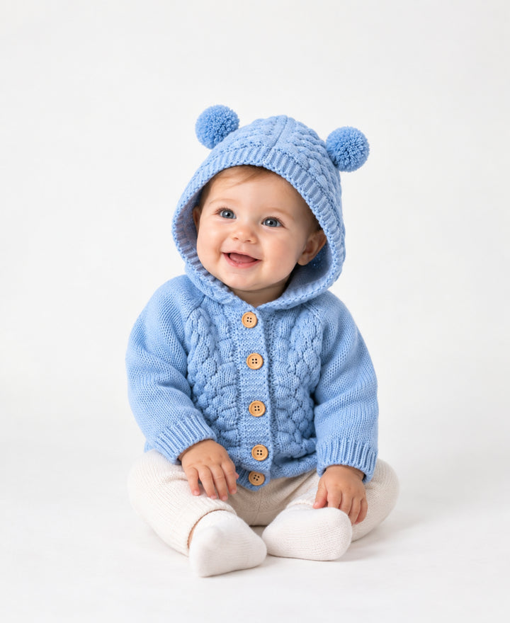 Gilet bébé tricoté à capuche avec oreilles d'ourson et boutons