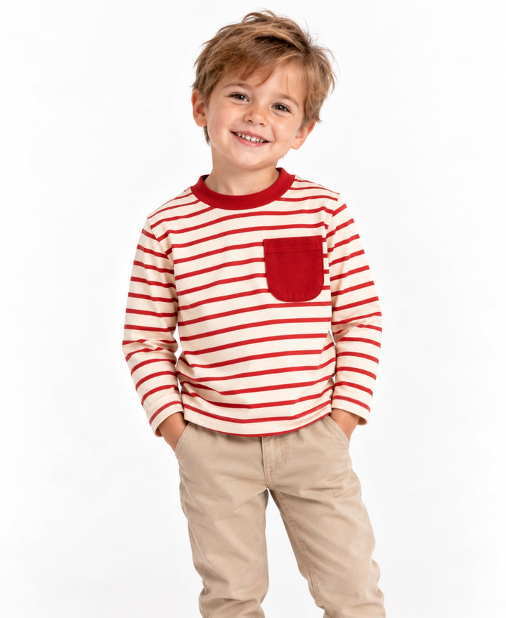 T-shirt enfant rayé manches longues poche poitrine col rond