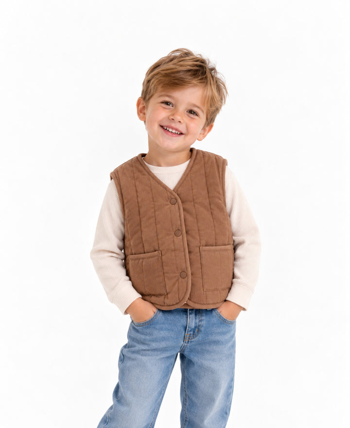 Gilet bébé enfant réversible matelassé et effet laine à boutons