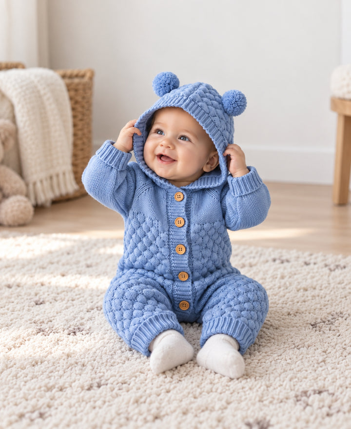 Combinaison bébé tricotée ours à capuche boutonnée