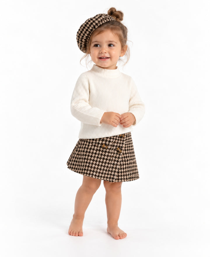 Ensemble fille pull côtelé jupe à carreaux béret style rétro