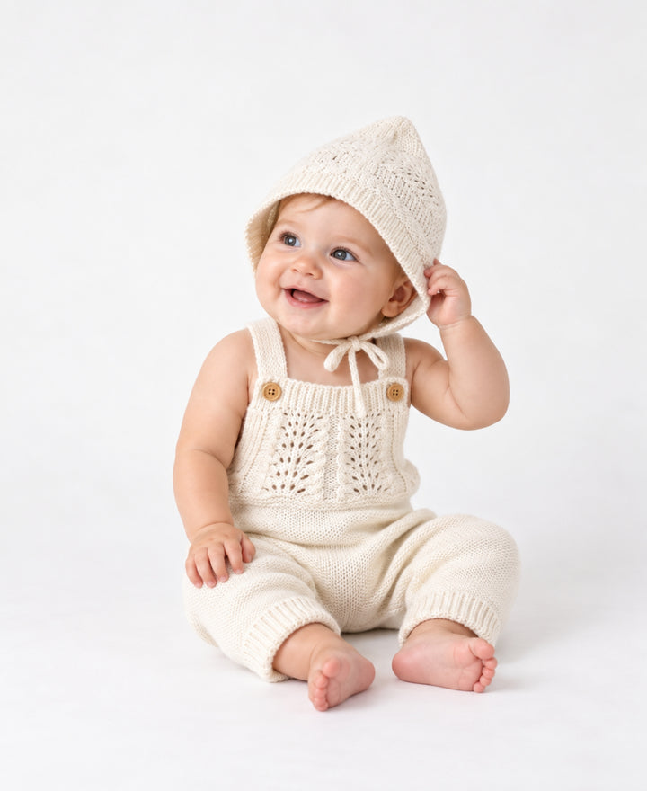Salopette bébé tricotée avec bonnet assorti