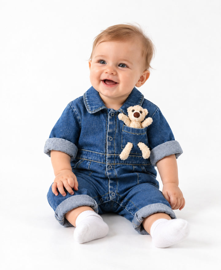 Combinaison bébé en jean manches longues avec poches et col