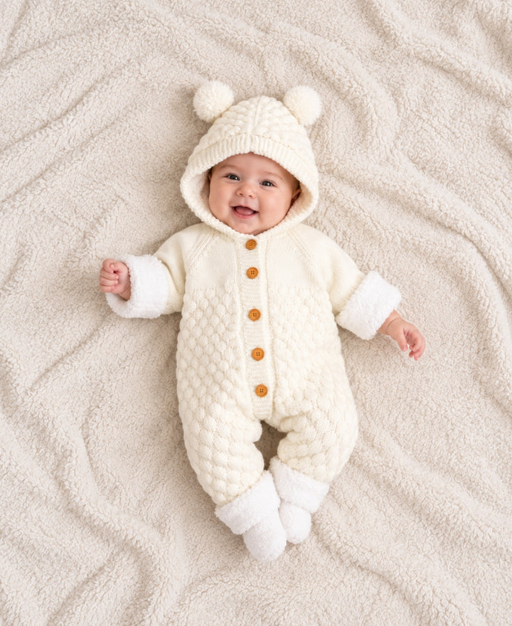 Combinaison bébé tricot à capuche oreilles et boutons