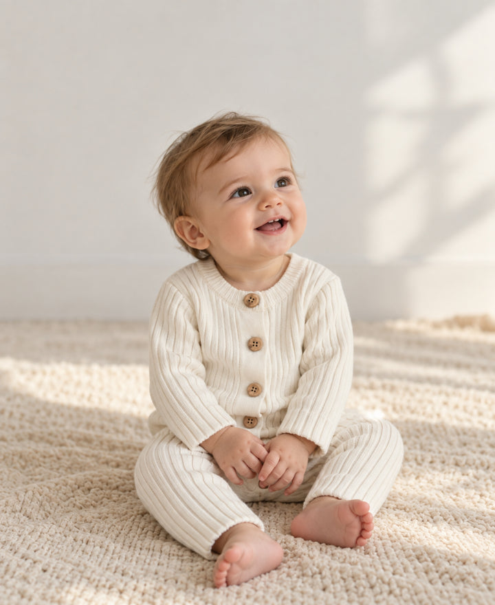 Grenouillère bébé tricot côtelé à manches longues avec boutons
