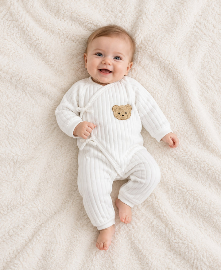 Pyjama bébé côtelé manches longues fermeture croisée motif ourson