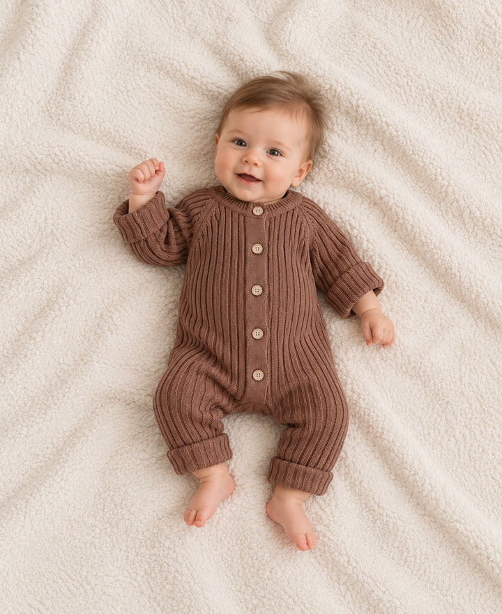 Barboteuse bébé tricotée côtelée à boutons coupe rétro