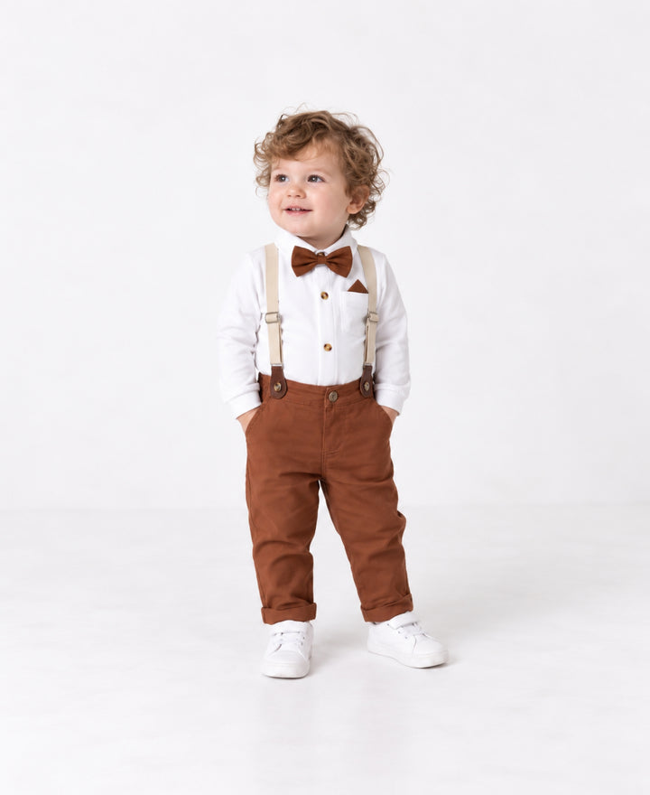 Ensemble bébé chic chemise body pantalon bretelles nœud papillon