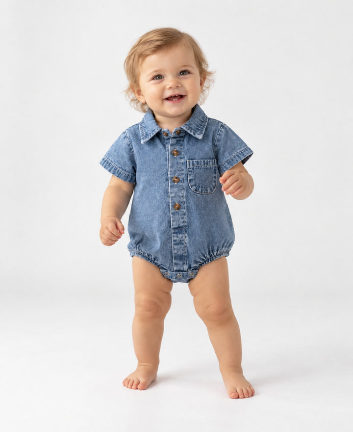 Barboteuse bébé denim manches courtes col chemise boutons poche poitrine