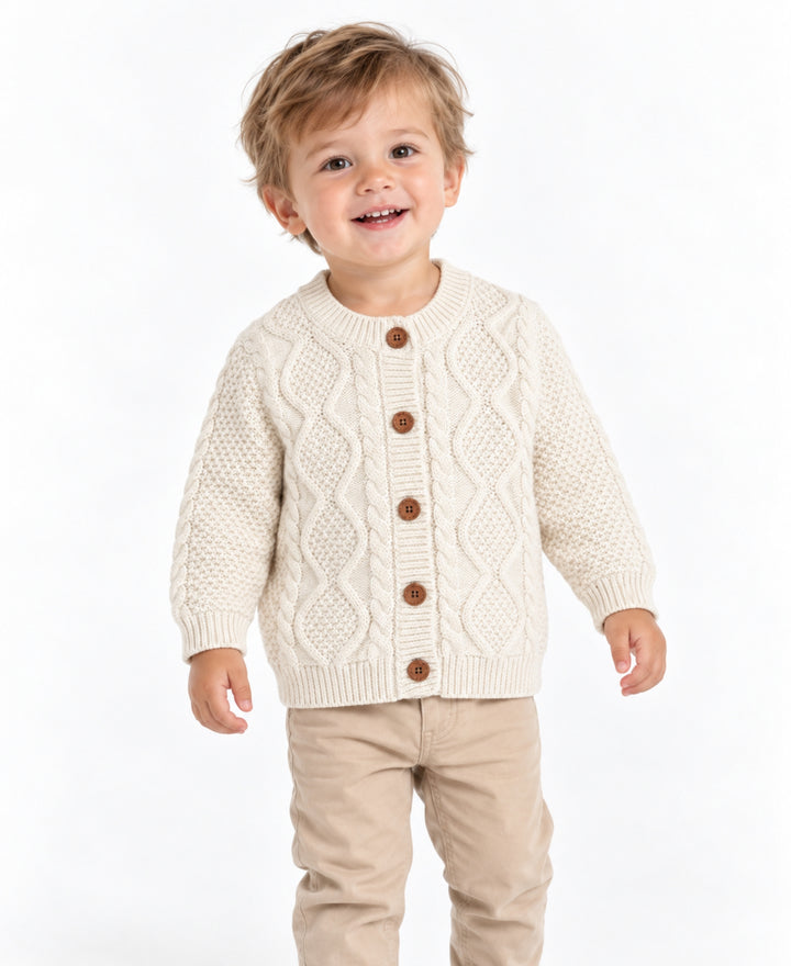 Gilet enfant tricot torsadé col rond boutons
