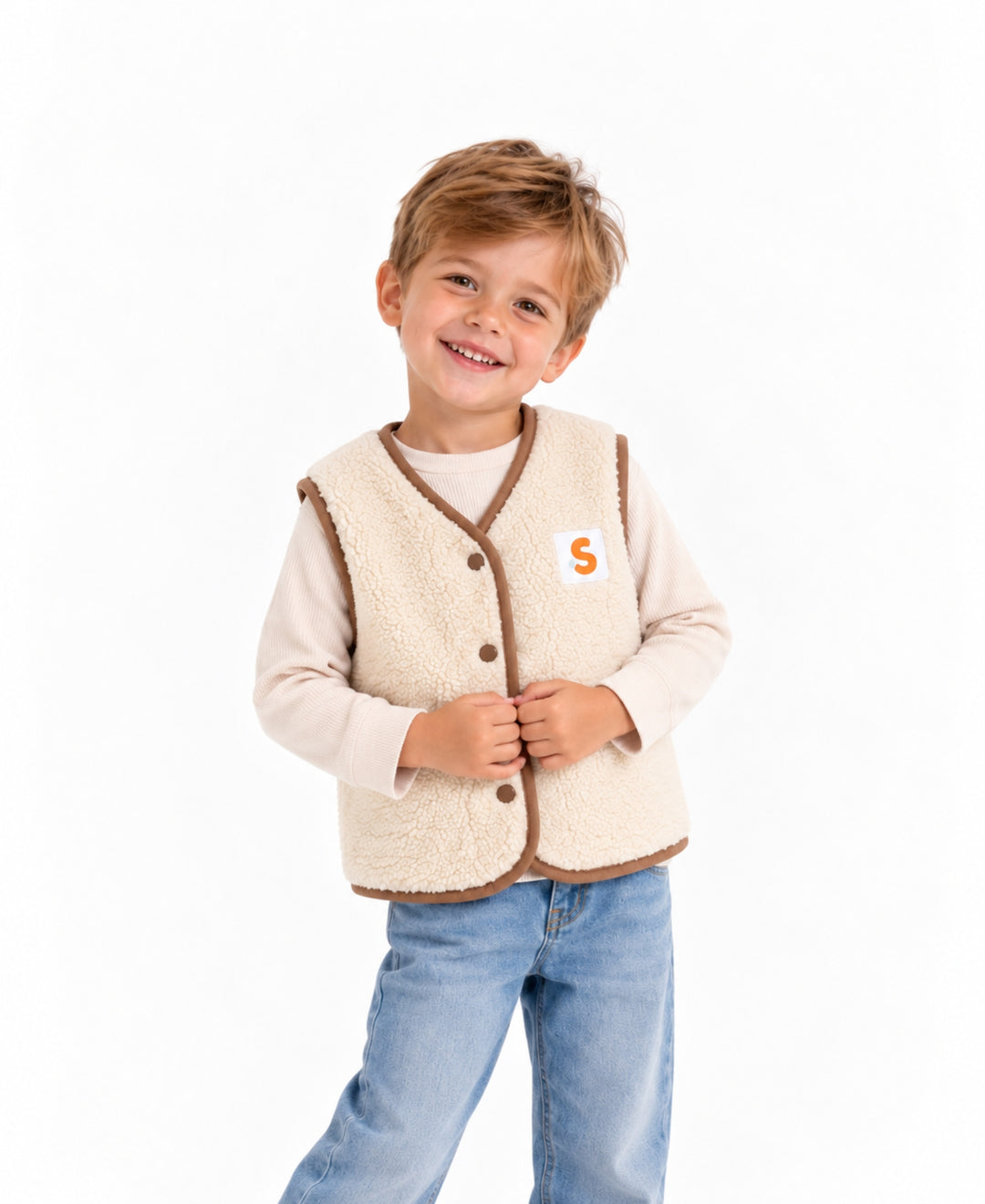 Gilet bébé enfant réversible matelassé et effet laine à boutons