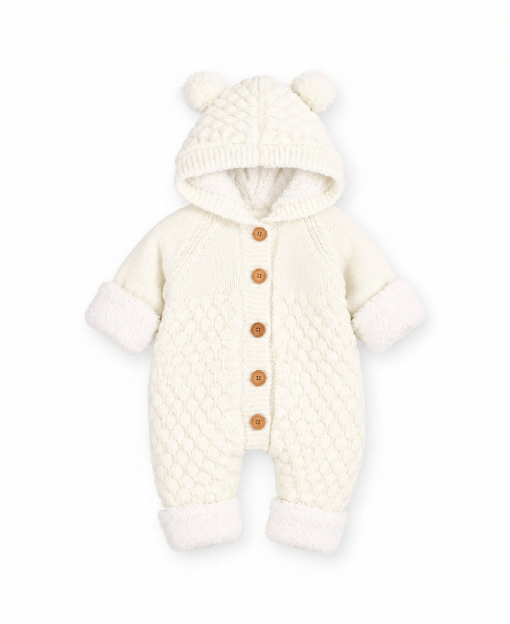 Combinaison bébé tricot à capuche oreilles et boutons