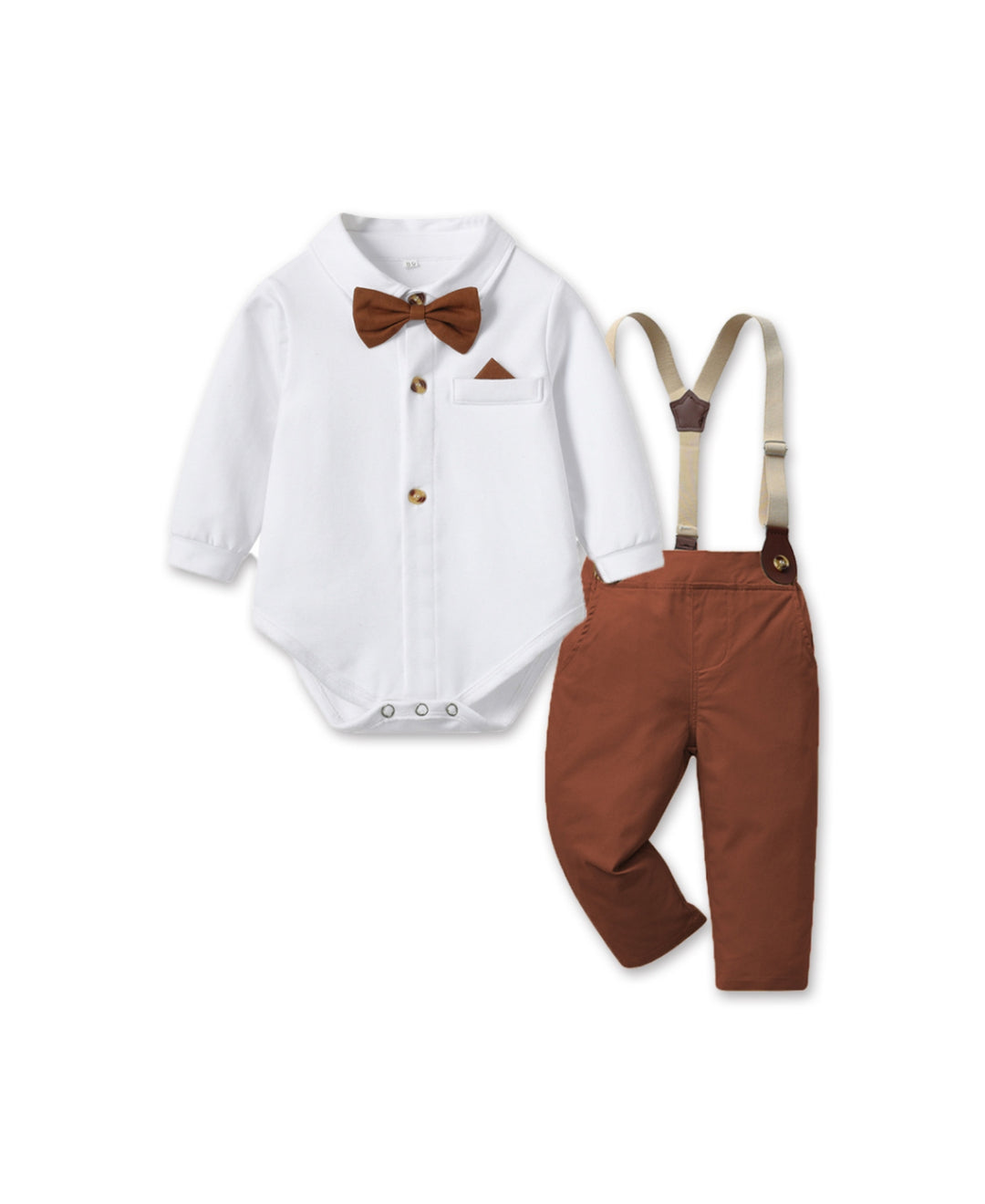 Ensemble bébé chic chemise body pantalon bretelles nœud papillon