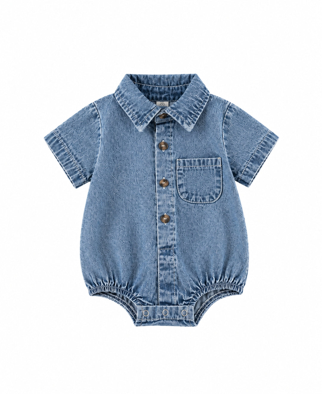 Barboteuse bébé denim manches courtes col chemise boutons poche poitrine