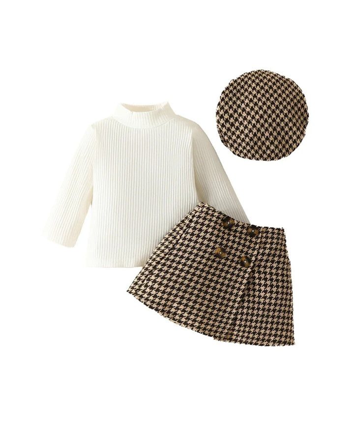 Ensemble fille pull côtelé jupe à carreaux béret style rétro