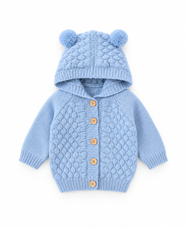 Gilet bébé tricoté à capuche avec oreilles d'ourson et boutons