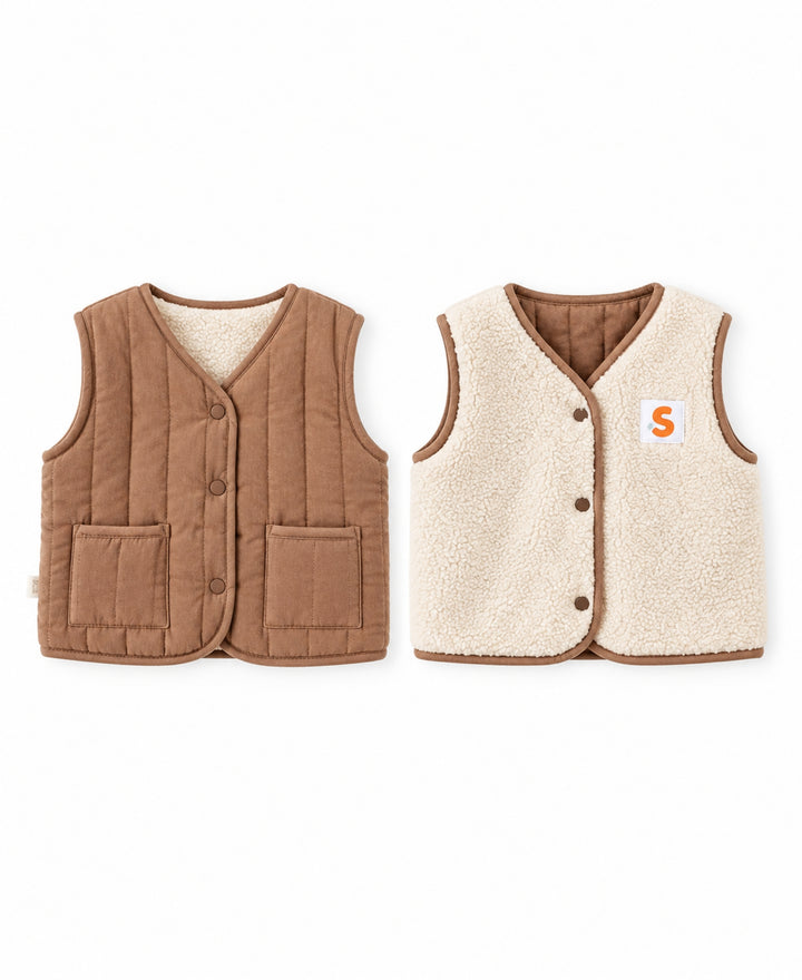 Gilet bébé enfant réversible matelassé et effet laine à boutons