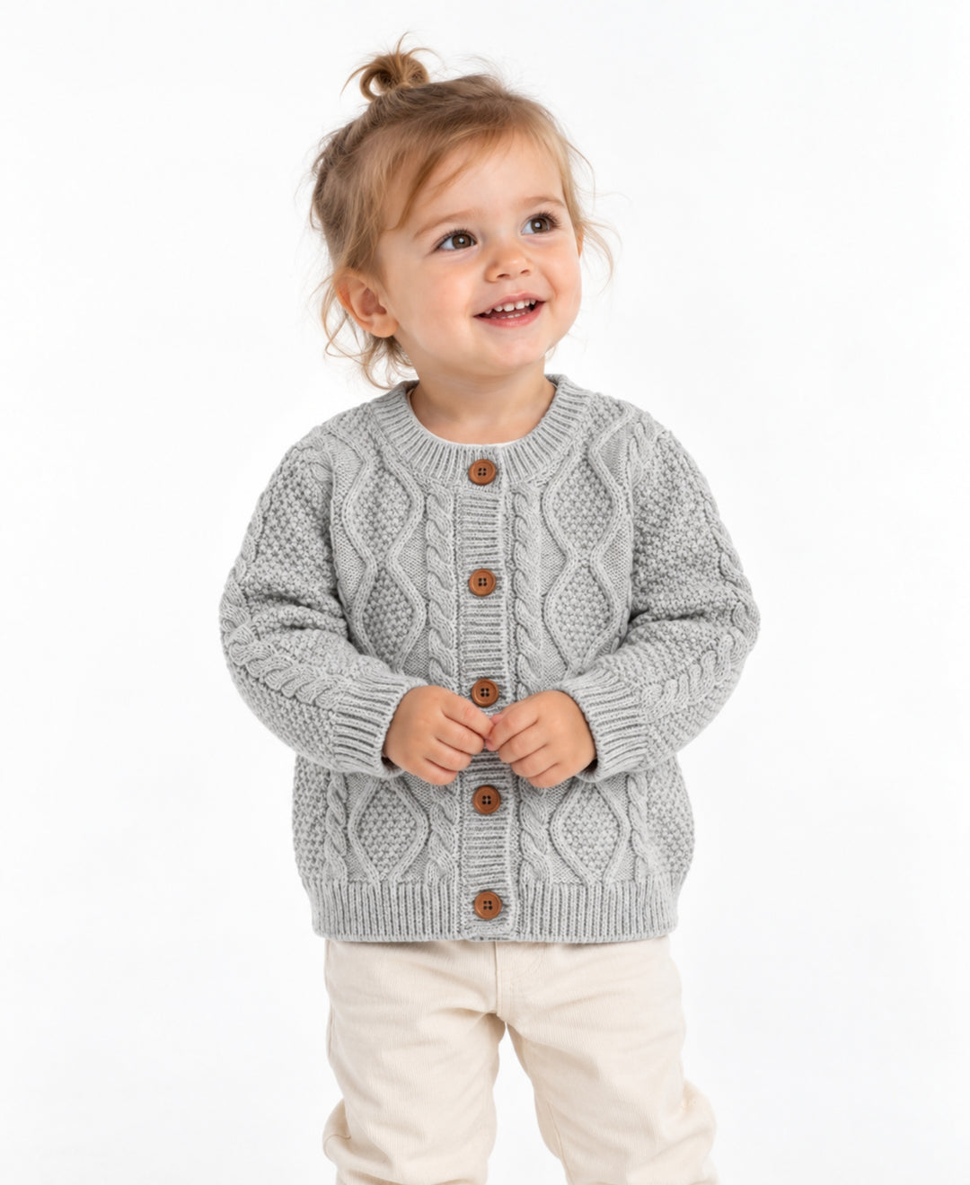 Gilet enfant tricot torsadé col rond boutons