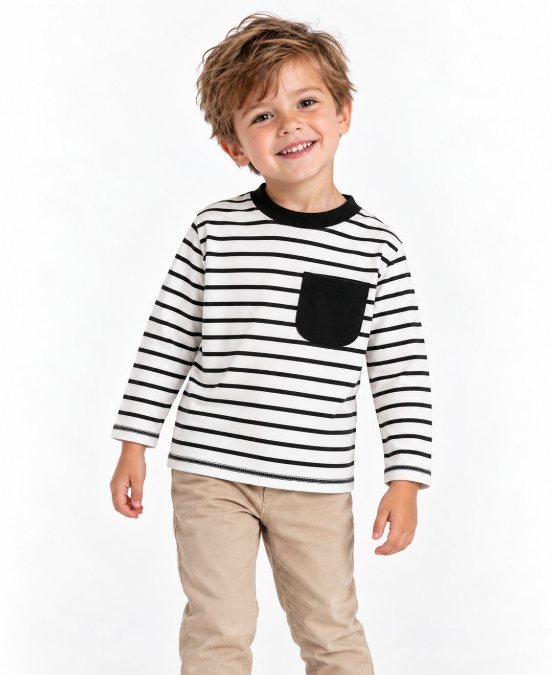 T-shirt enfant rayé manches longues poche poitrine col rond