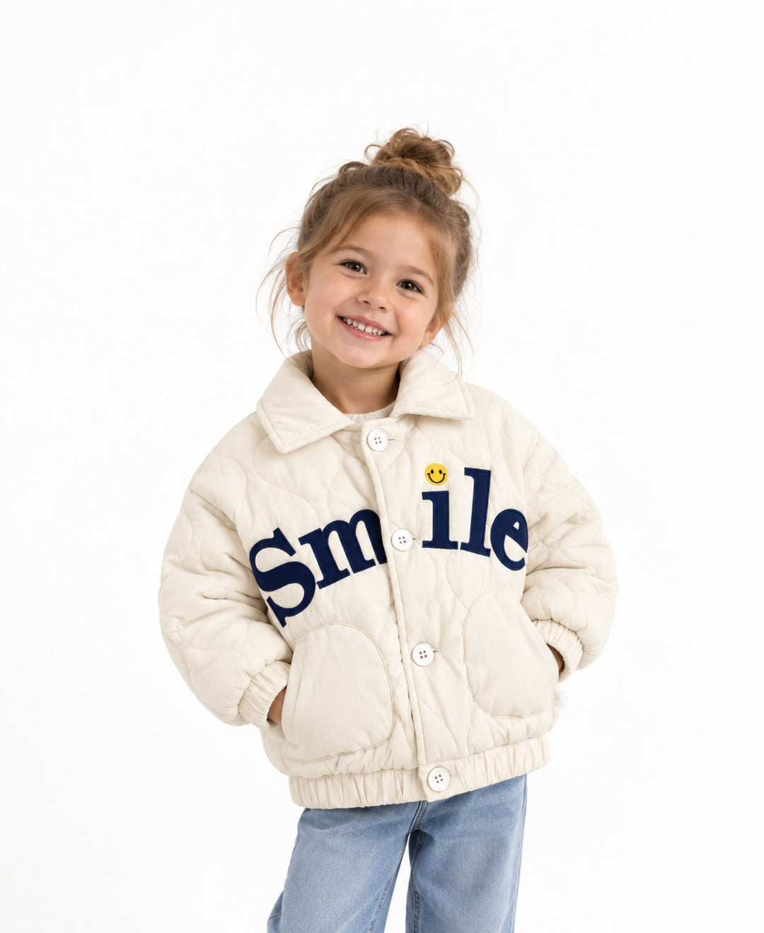 Veste bébé enfant matelassée col chemise poches motif Smile