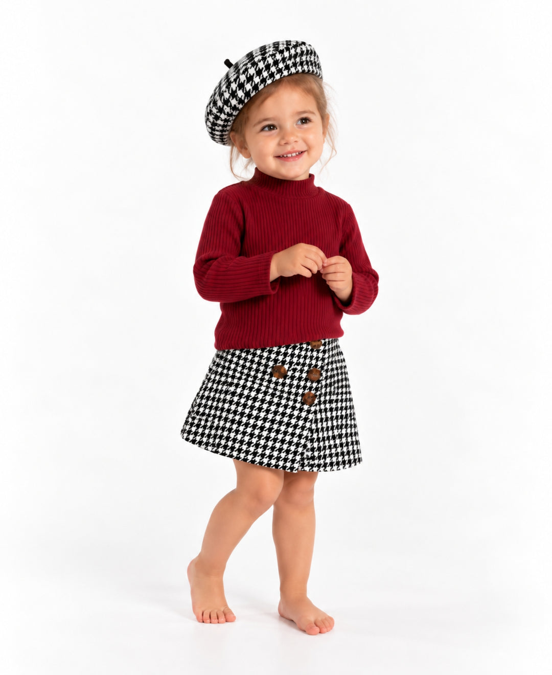 Ensemble fille pull côtelé jupe à carreaux béret style rétro