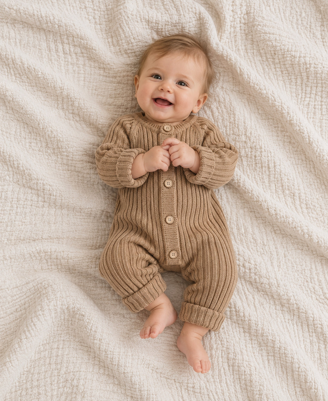 Barboteuse bébé tricotée côtelée à boutons coupe rétro