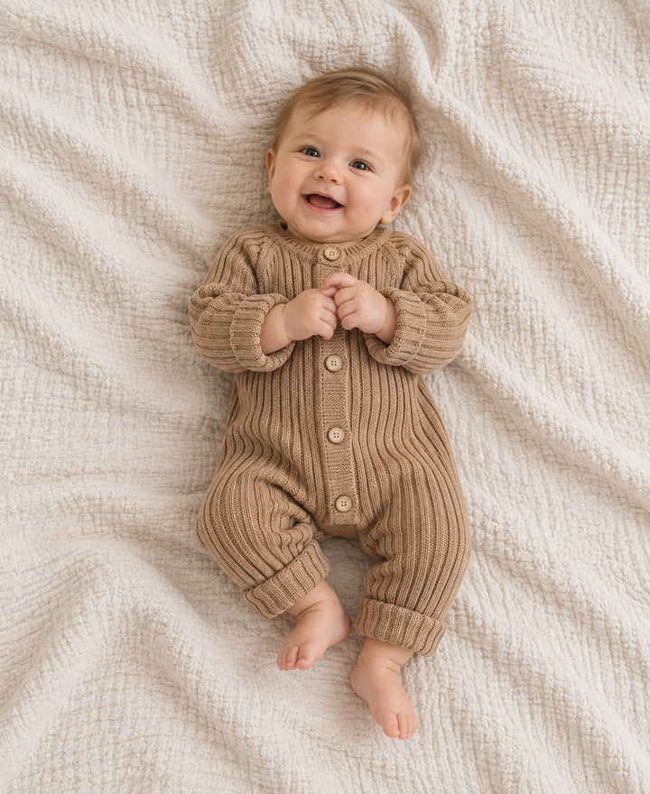 Barboteuse bébé tricotée côtelée à boutons coupe rétro