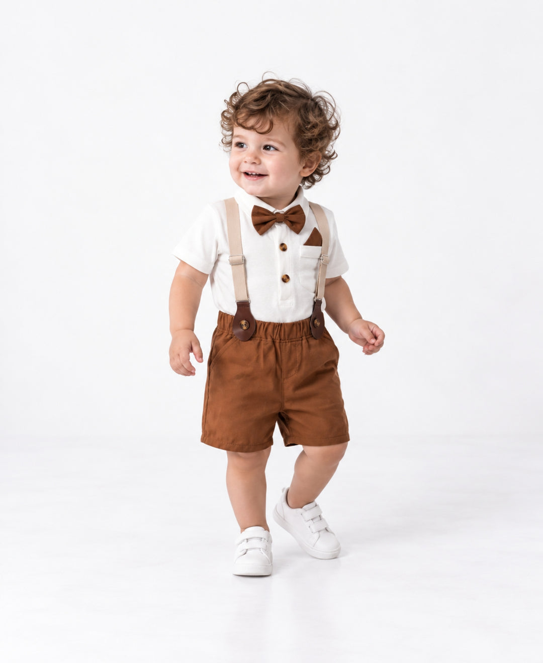 Ensemble bébé chic chemise body pantalon bretelles nœud papillon