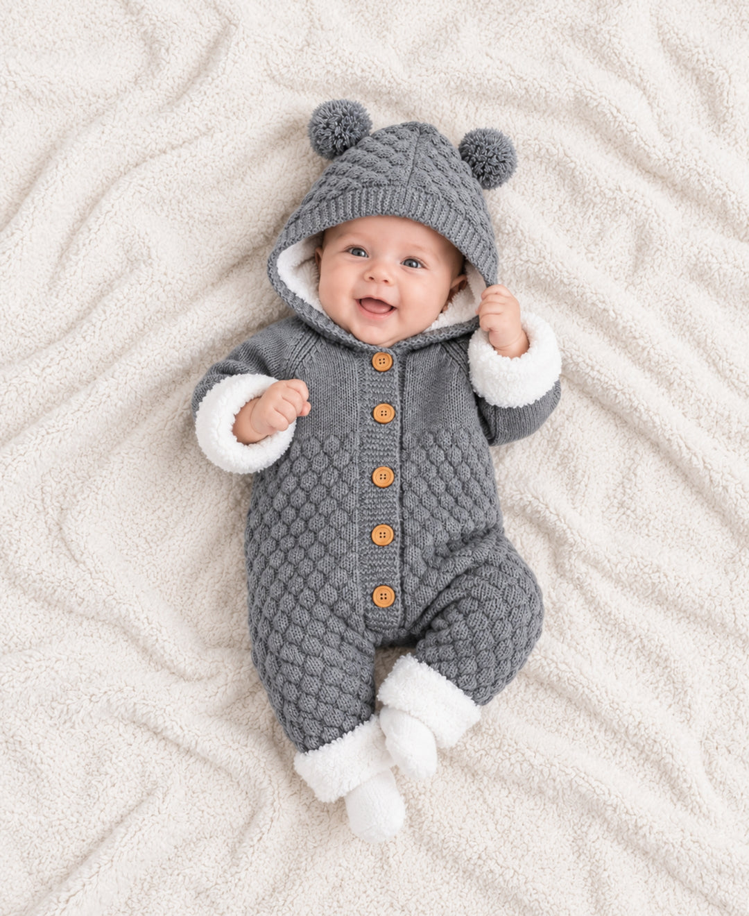 Combinaison bébé tricot à capuche oreilles et boutons