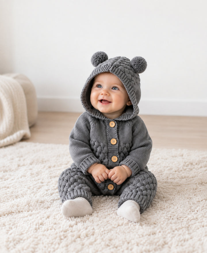 Combinaison bébé tricotée ours à capuche boutonnée