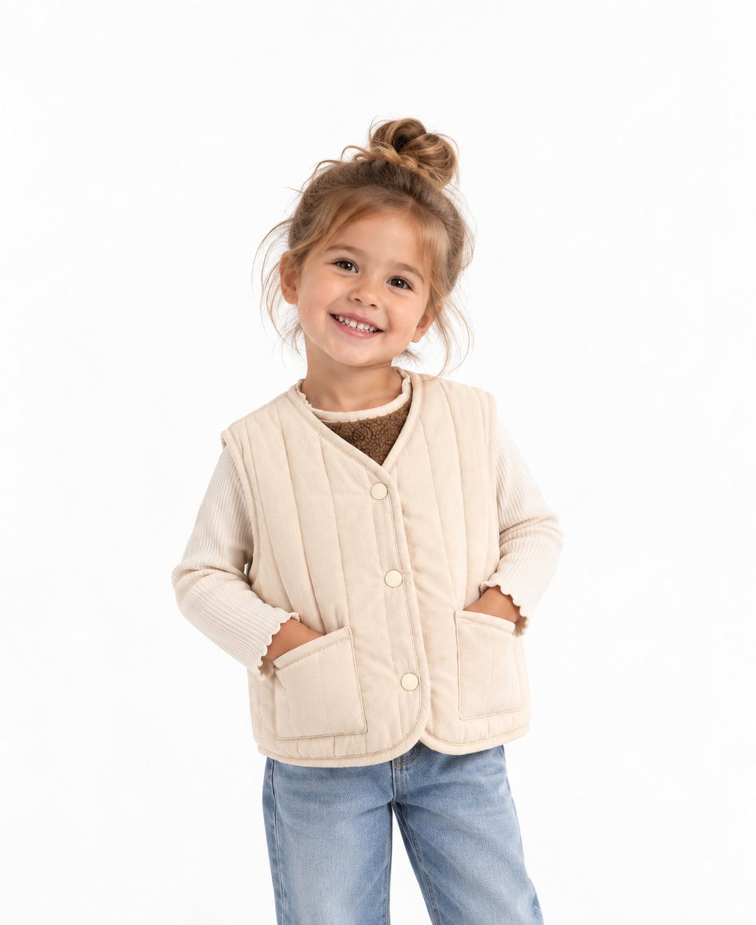 Gilet bébé enfant réversible matelassé et effet laine à boutons