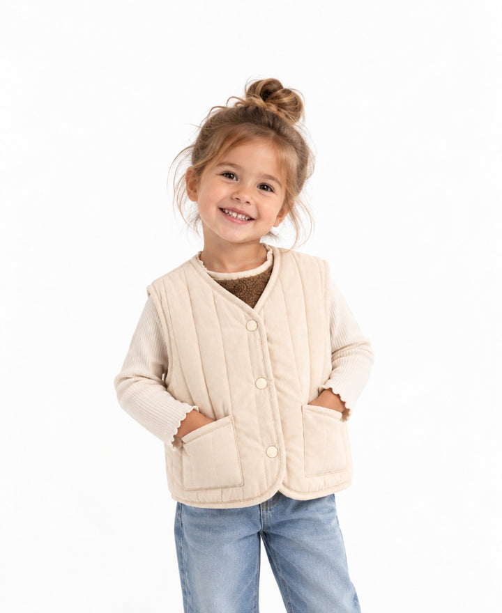 Gilet bébé enfant réversible matelassé et effet laine à boutons