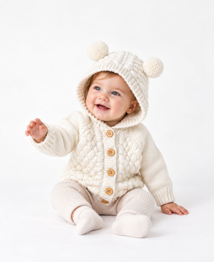 Gilet bébé tricoté à capuche avec oreilles d'ourson et boutons