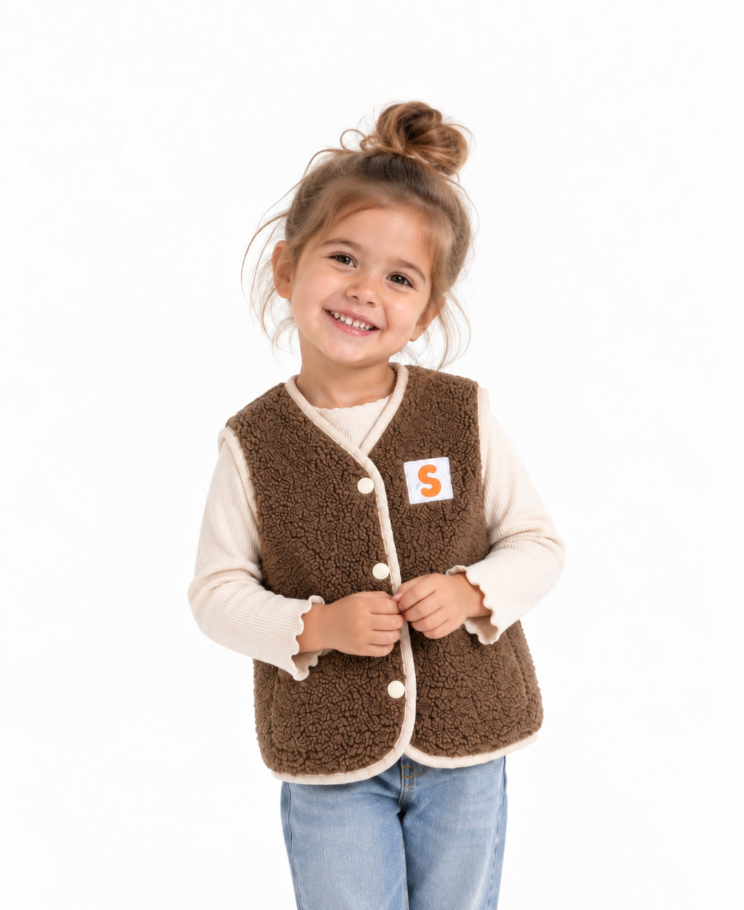 Gilet bébé enfant réversible matelassé et effet laine à boutons