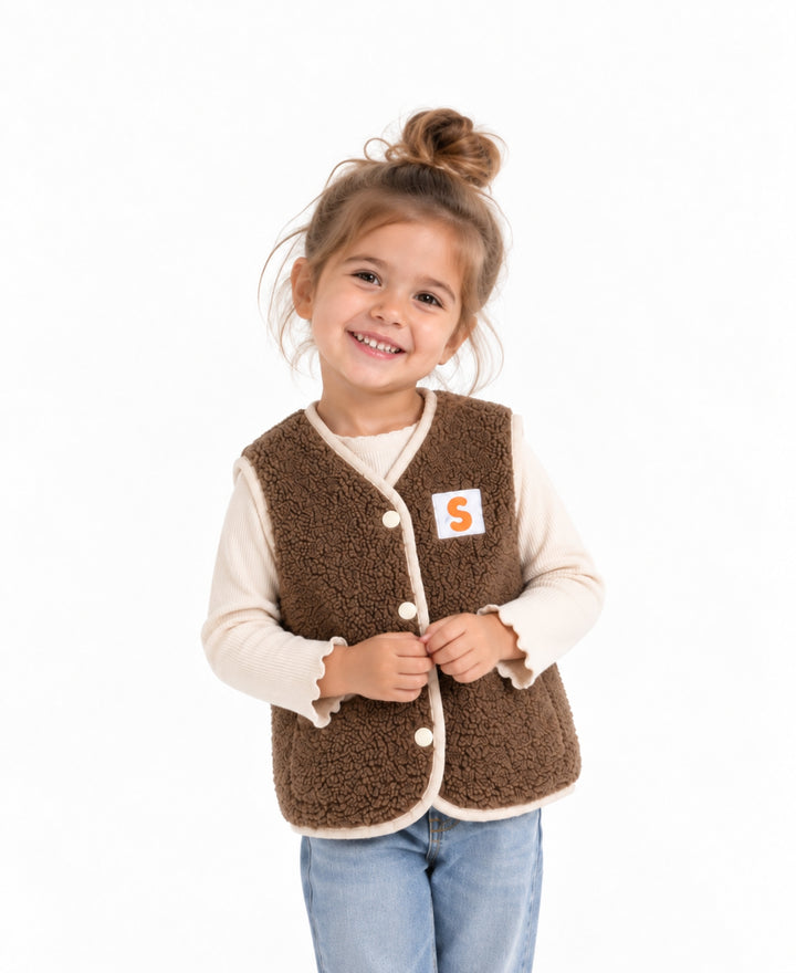 Gilet bébé enfant réversible matelassé et effet laine à boutons