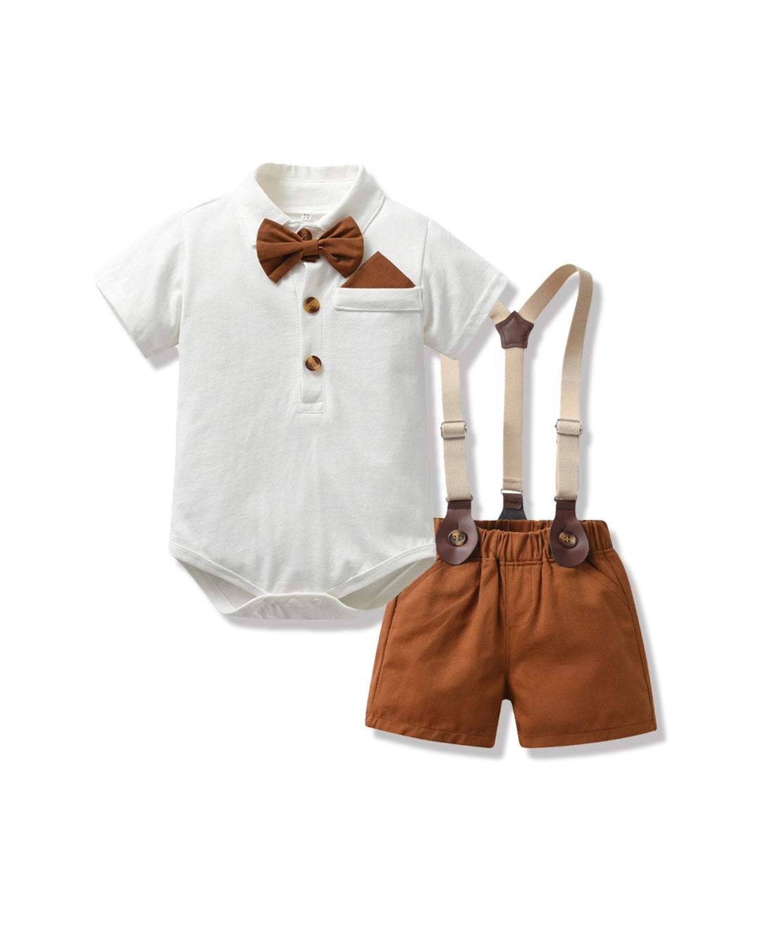 Ensemble bébé chic chemise body pantalon bretelles nœud papillon