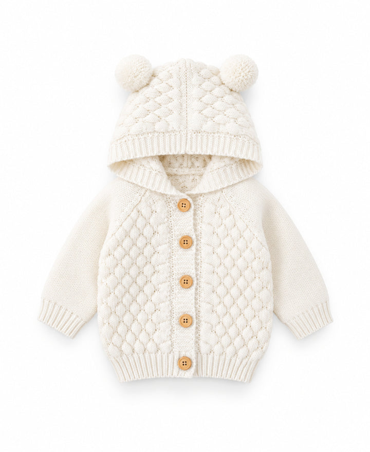 Gilet bébé tricoté à capuche avec oreilles d'ourson et boutons