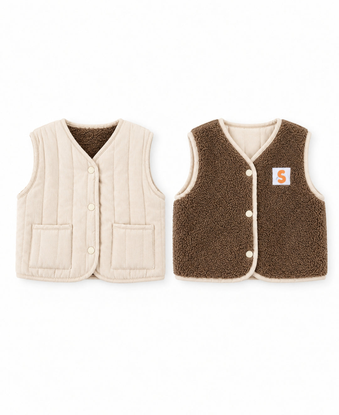 Gilet bébé enfant réversible matelassé et effet laine à boutons