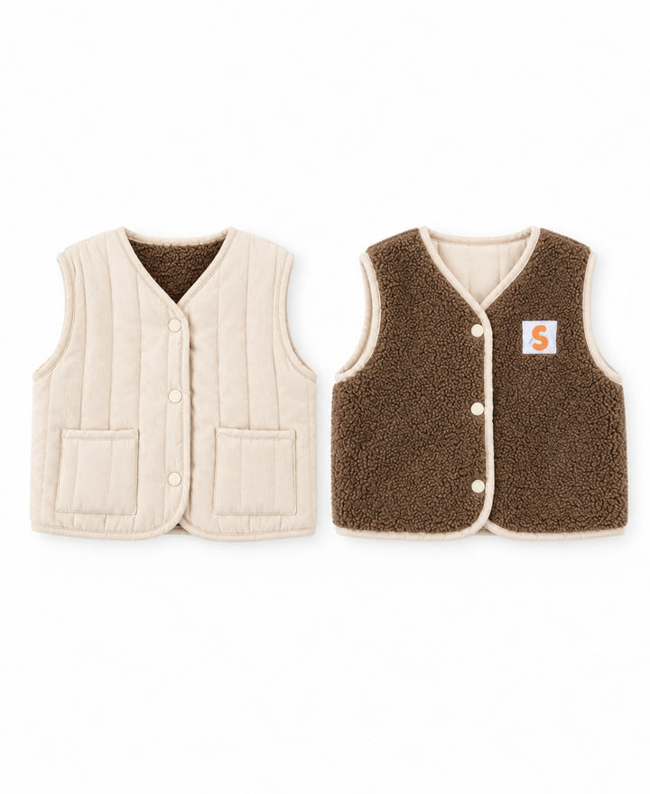 Gilet bébé enfant réversible matelassé et effet laine à boutons