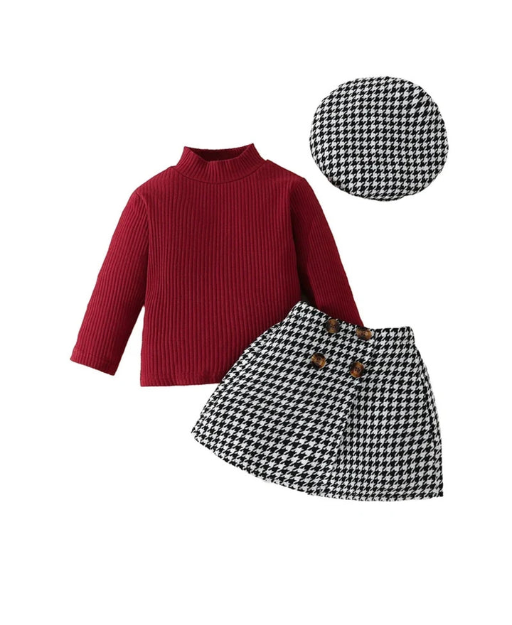 Ensemble fille pull côtelé jupe à carreaux béret style rétro