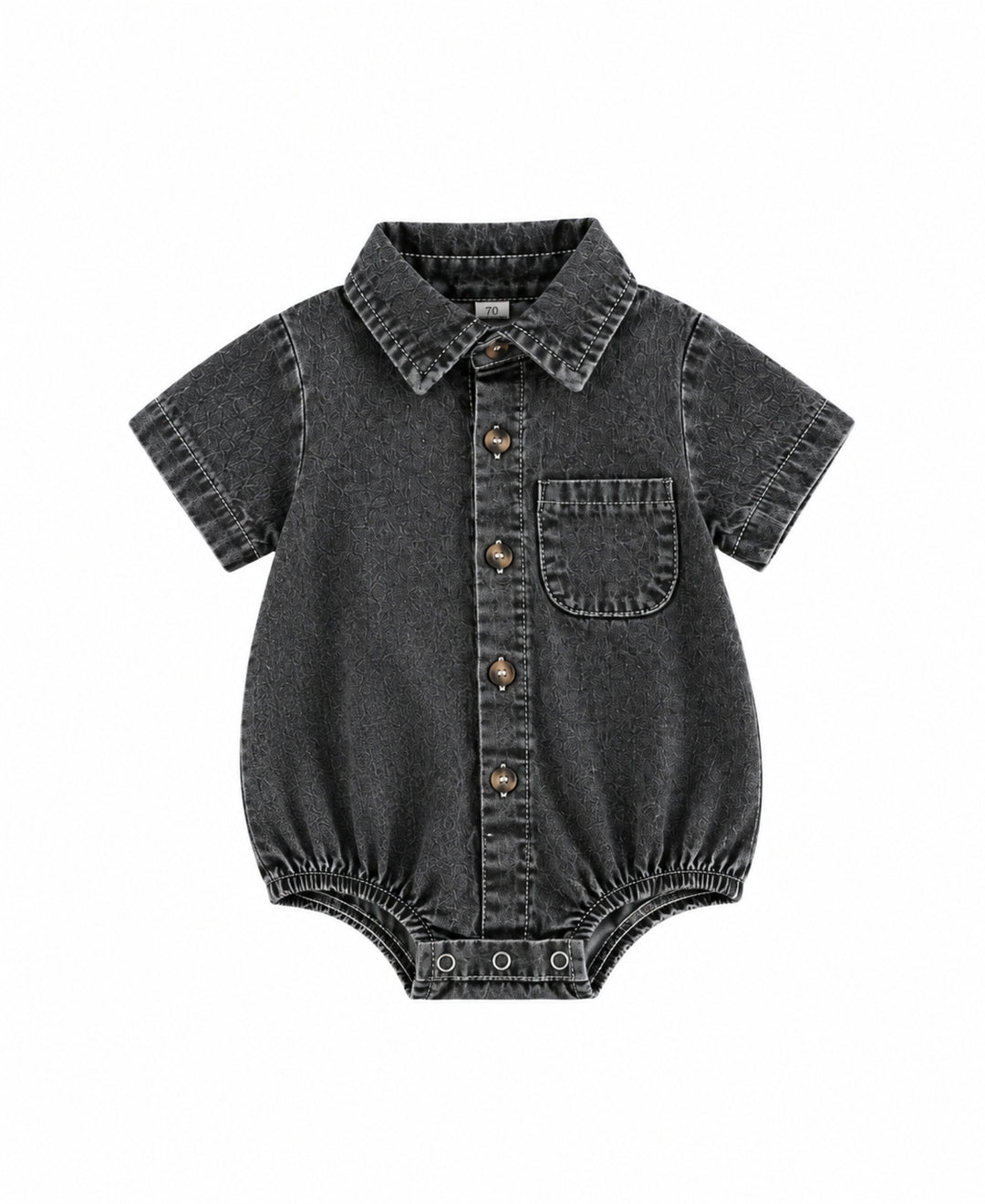 Barboteuse bébé denim manches courtes col chemise boutons poche poitrine