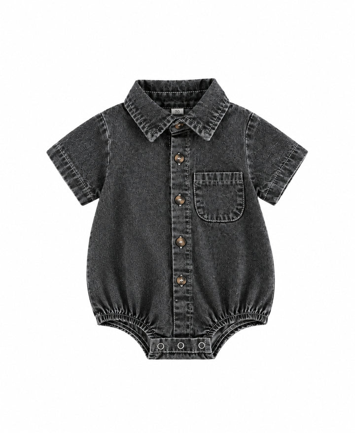 Barboteuse bébé denim manches courtes col chemise boutons poche poitrine