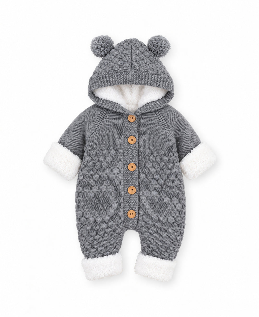Combinaison bébé tricot à capuche oreilles et boutons