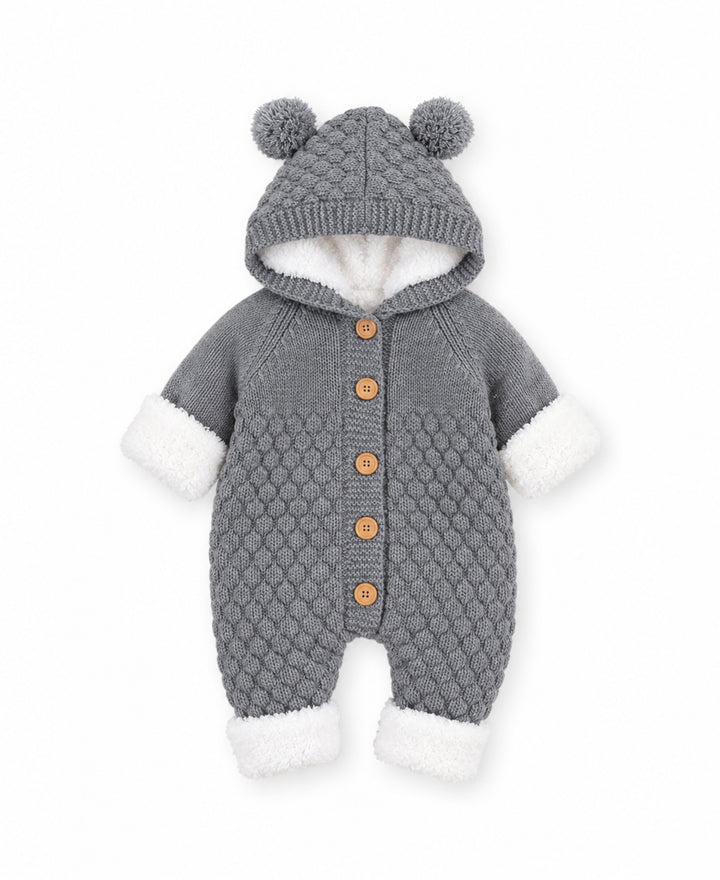 Combinaison bébé tricot à capuche oreilles et boutons